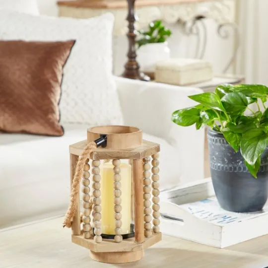 Kirkland's Home Natural Wood Beaded & Rope Handle Lantern- Lanterns