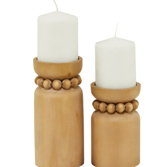 Kirkland's Home Natural Wood Beaded Candle Holders, Set Of 2- Candle Holders