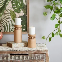 Kirkland's Home Natural Wood Beaded Candle Holders, Set Of 2- Candle Holders