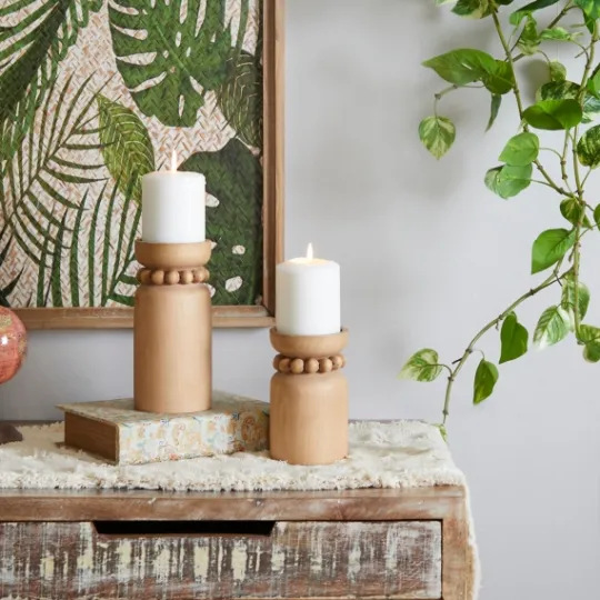 Kirkland's Home Natural Wood Beaded Candle Holders, Set Of 2- Candle Holders