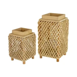 Kirkland's Home Natural Woven Rope And Wood Lanterns, Set Of 2- Lanterns