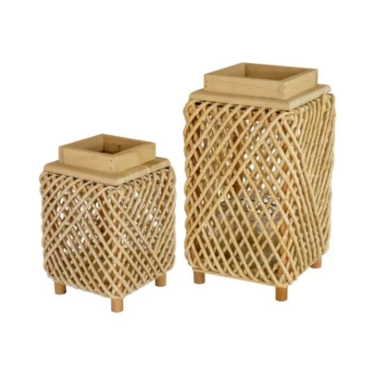 Kirkland's Home Natural Woven Rope And Wood Lanterns, Set Of 2- Lanterns