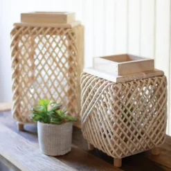 Kirkland's Home Natural Woven Rope And Wood Lanterns, Set Of 2- Lanterns