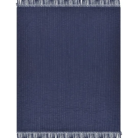 Kirkland's Home Navy And Cream Stitch Fringe Throw- Blankets & Throws