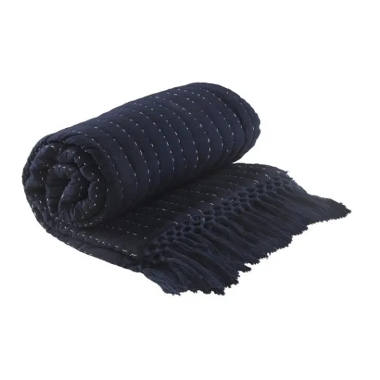 Kirkland's Home Navy And Cream Stitch Fringe Throw- Blankets & Throws