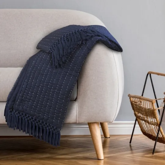Kirkland's Home Navy And Cream Stitch Fringe Throw- Blankets & Throws