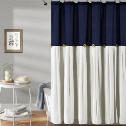 Kirkland's Home Navy And White Button Accent Linen Shower Curtain- Shower Curtains