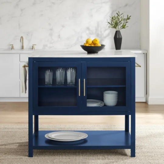 Kirkland's Home Navy And White Marble Top Kitchen Island- Kitchen Islands & Bar Carts