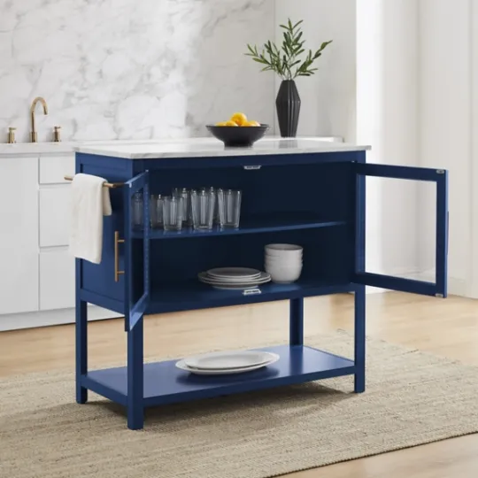 Kirkland's Home Navy And White Marble Top Kitchen Island- Kitchen Islands & Bar Carts