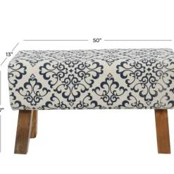 Kirkland's Home Navy And White Upholstered Scroll Bench- Benches & Ottomans