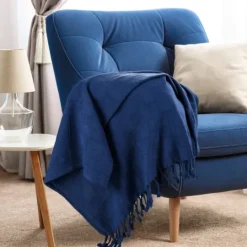 Kirkland's Home Navy Checkered Weave Fringe Throw- Blankets & Throws