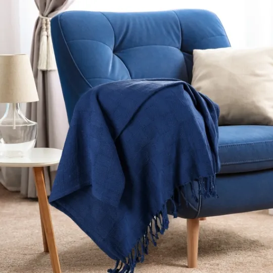 Kirkland's Home Navy Checkered Weave Fringe Throw- Blankets & Throws