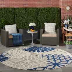 Kirkland's Home Navy Floral Burst Round Outdoor Area Rug, 7X7- Outdoor Rugs