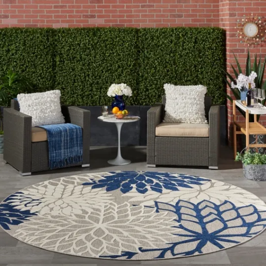 Kirkland's Home Navy Floral Burst Round Outdoor Area Rug, 7X7- Outdoor Rugs