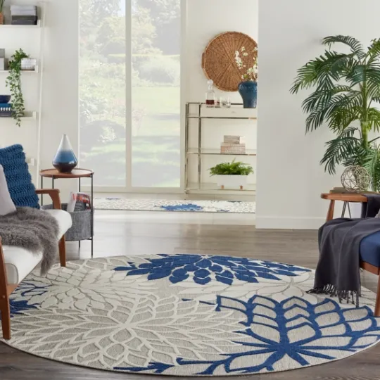 Kirkland's Home Navy Floral Burst Round Outdoor Area Rug, 7X7- Outdoor Rugs