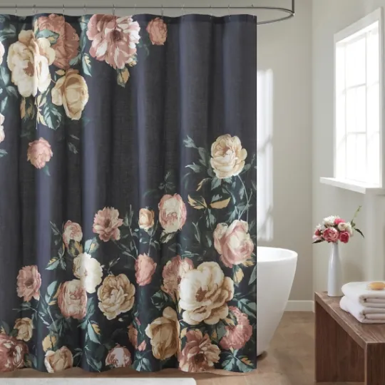 Kirkland's Home Navy Floral Cotton Shower Curtain- Shower Curtains