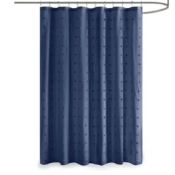 Kirkland's Home Navy Jacquard Pom Pom Cotton Shower Curtain- Shower Curtains