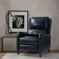 Kirkland's Home Navy Leather Nailhead Traditional Recliner- Accent Chairs