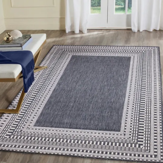 Kirkland's Home Navy Linear Macy Indoor/Outdoor Area Rug, 6X9- Outdoor Rugs