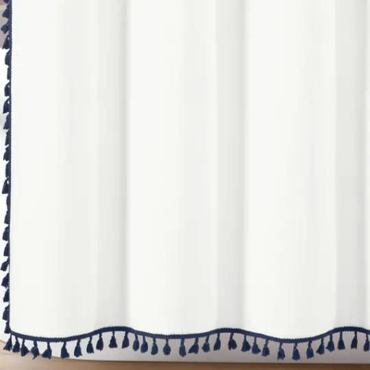 Kirkland's Home Navy Melora Tasseled Border Shower Curtain- Shower Curtains