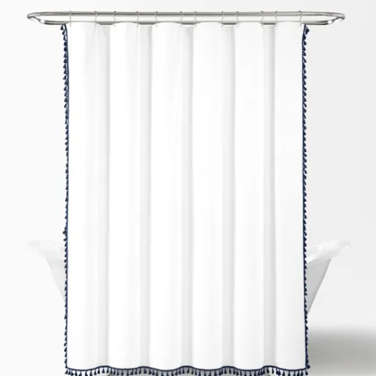 Kirkland's Home Navy Melora Tasseled Border Shower Curtain- Shower Curtains