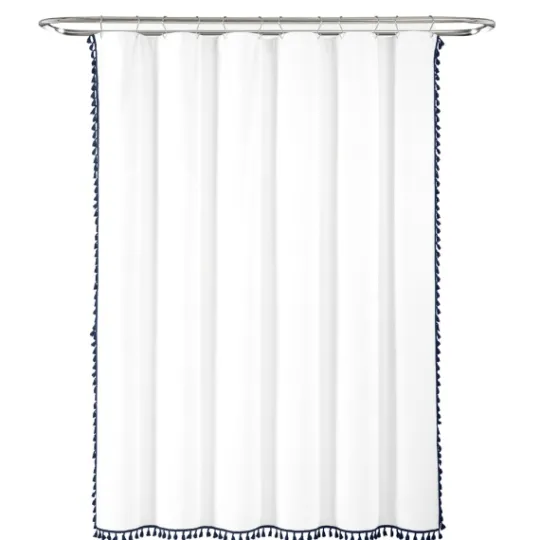 Kirkland's Home Navy Melora Tasseled Border Shower Curtain- Shower Curtains