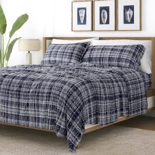 Kirkland's Home Navy Plaid Polka Dot 3-Pc. Twin Sheet Set- Bed Sheets