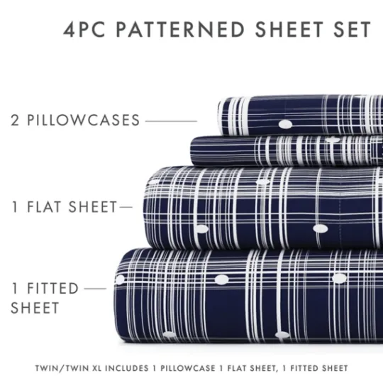 Kirkland's Home Navy Plaid Polka Dot 3-Pc. Twin Sheet Set- Bed Sheets