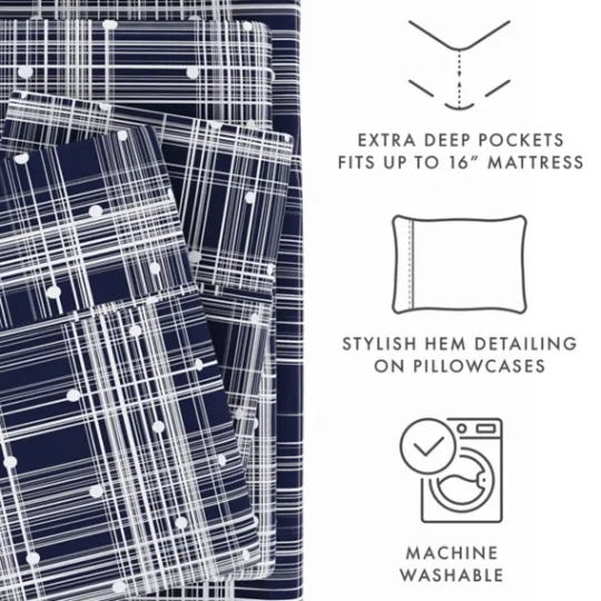 Kirkland's Home Navy Plaid Polka Dot 3-Pc. Twin Sheet Set- Bed Sheets