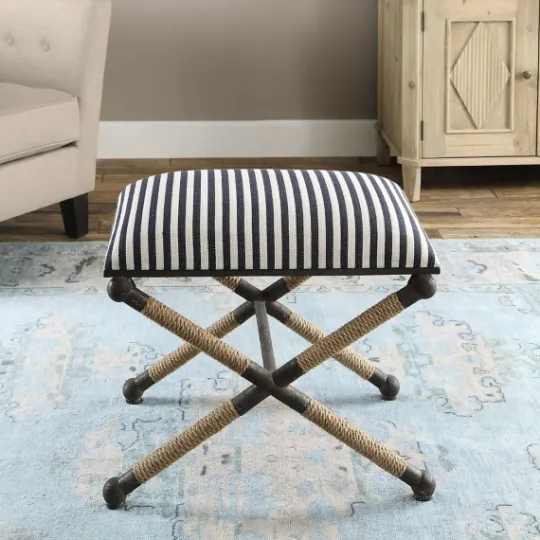 Kirkland's Home Navy Striped Seat And Black Metal Ottoman- Benches & Ottomans