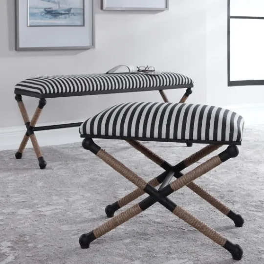 Kirkland's Home Navy Striped Seat And Black Metal Ottoman- Benches & Ottomans