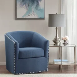 Kirkland's Home Navy Upholstered Nailhead Swivel Accent Chair- Accent Chairs