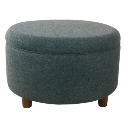 Kirkland's Home Navy Upholstered Round Storage Ottoman- Benches & Ottomans