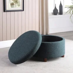 Kirkland's Home Navy Upholstered Round Storage Ottoman- Benches & Ottomans