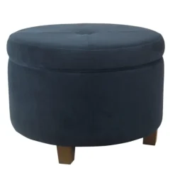 Kirkland's Home Navy Velvet Upholstered Round Storage Ottoman- Benches & Ottomans