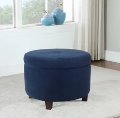Kirkland's Home Navy Velvet Upholstered Round Storage Ottoman- Benches & Ottomans