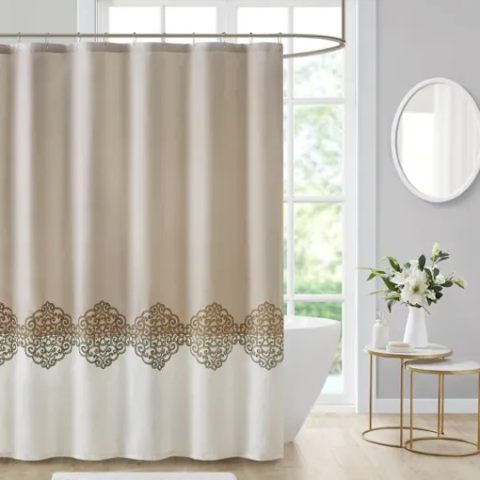 Kirkland's Home Neutral Block Embroidered Shower Curtain- Shower Curtains