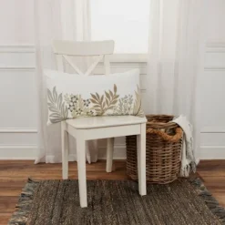 Kirkland's Home Neutral Blooms Hand Embroidered Lumbar Pillow- Pillows