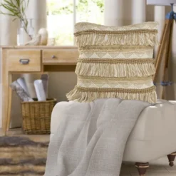 Kirkland's Home Neutral Embroidered Fringe Accent Pillow- Pillows