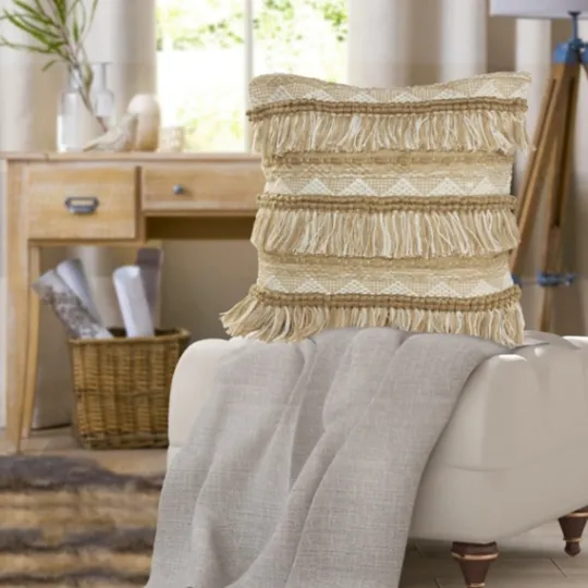 Kirkland's Home Neutral Embroidered Fringe Accent Pillow- Pillows