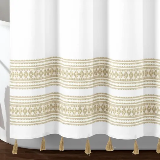 Kirkland's Home Neutral Striped And Tasseled Shower Curtain- Shower Curtains