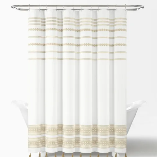 Kirkland's Home Neutral Striped And Tasseled Shower Curtain- Shower Curtains