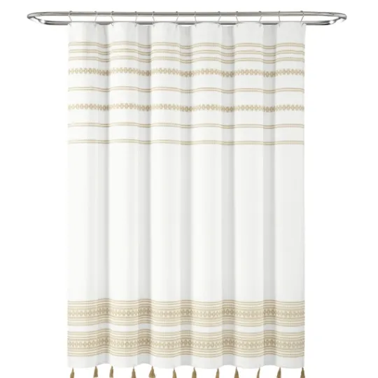 Kirkland's Home Neutral Striped And Tasseled Shower Curtain- Shower Curtains