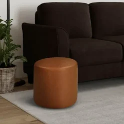 Kirkland's Home Newton Carmel Faux Leather Cylinder Ottoman- Benches & Ottomans