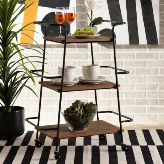 Kirkland's Home Norris Walnut 3-Tier Mobile Bar Cart- Kitchen Islands & Bar Carts