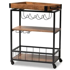 Kirkland's Home Oak And Black Metal Bar Cart With Bottle Rack- Kitchen Islands & Bar Carts