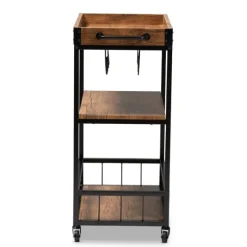 Kirkland's Home Oak And Black Metal Bar Cart With Bottle Rack- Kitchen Islands & Bar Carts