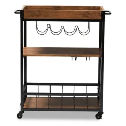 Kirkland's Home Oak And Black Metal Bar Cart With Bottle Rack- Kitchen Islands & Bar Carts