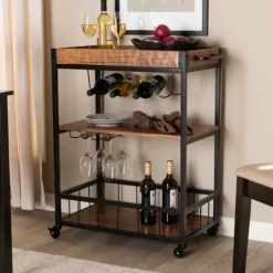 Kirkland's Home Oak And Black Metal Bar Cart With Bottle Rack- Kitchen Islands & Bar Carts