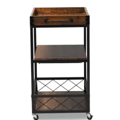 Kirkland's Home Oak And Black Metal Bar Cart With Stemware Rack- Kitchen Islands & Bar Carts